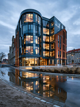 Modern Glass Office Building at Dusk AI Generative