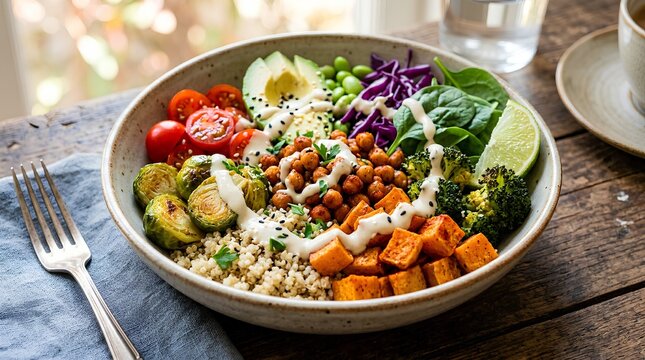 Colorful vegan Buddha bowl with quinoa, roasted sweet potatoes, chickpeas, Brussels sprouts, avocado, tomatoes, greens, tahini drizzle and lime on rustic wooden table