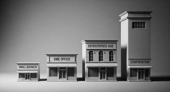 Gradual scaling of businesses depicted as buildings, progressing from small to large in grayscale
