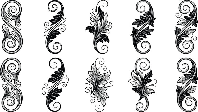 Vintage baroque flourish scroll ornament vector set with acanthus leaves and decorative swirling patterns