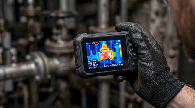 Thermal camera displaying heat patterns on industrial piping system. Worker's gloved hand holds a thermal camera, showing temperature variations for critical system inspection.