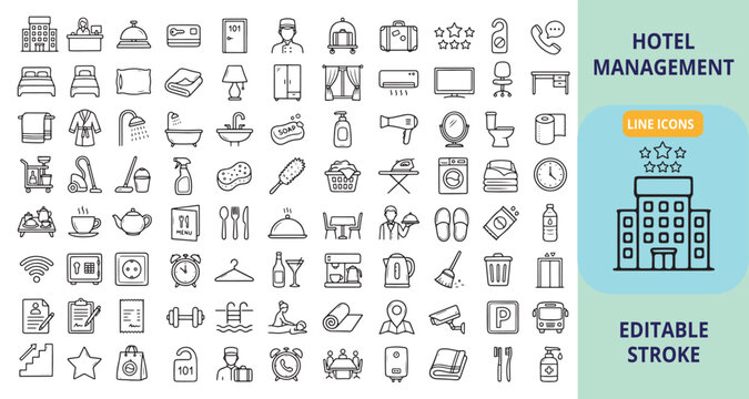 Hotel management icons set hand drawn line style with management hospitality accommodation reception maintenance cleaning furniture business amenities illustration collection