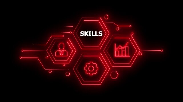 Abstract neon Hud knowledge ability business gear icon Glowing neon line concept. Glowing " SKILLS " button in German on a futuristic, abstract wave technology on black background. 4K animation video