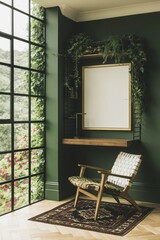 Fototapeta premium Modern home office corner with floating desk and greenery in a dark green room