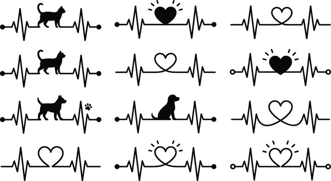 Pet heartbeat line vector set with cat dog paw and heart symbols for veterinary design