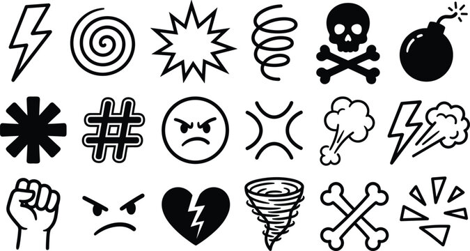 Comic expression doodle icon set with angry emoji skull bomb lightning fist and swear symbols