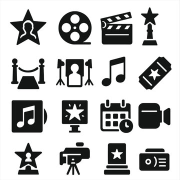 Vector showbiz clapperboard movie carpet event trophy set entertainment celebrity schedule icon