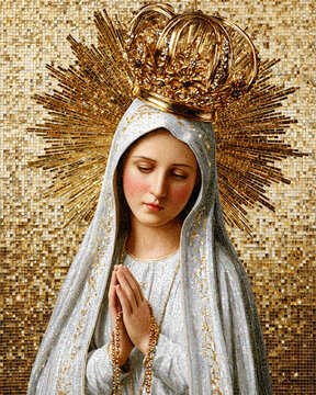 Our Lady of Fatima Mosaic Icon with Golden Crown &ndash; AI Generative
