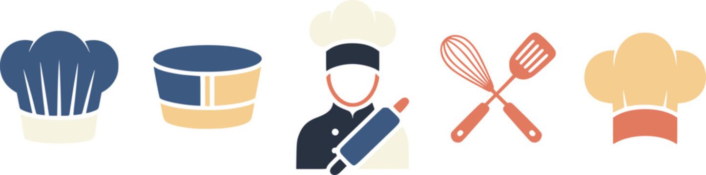Set of professional chef hats and cooking tools icons for restaurant and bakery business design