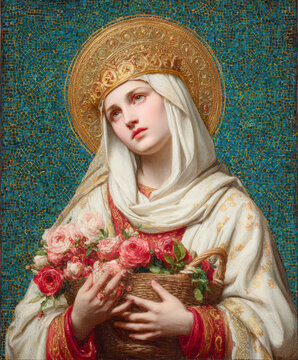 Saintly Woman with Golden Halo and Roses &ndash; Generative AI &ndash; no real persons