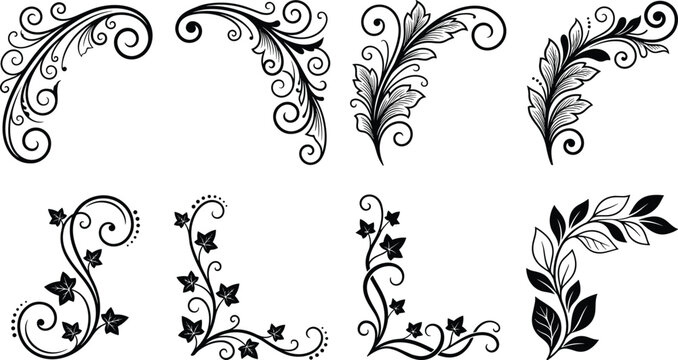 Vintage flourish corner border ornament vector set with elegant floral scrolls and decorative ivy leaves