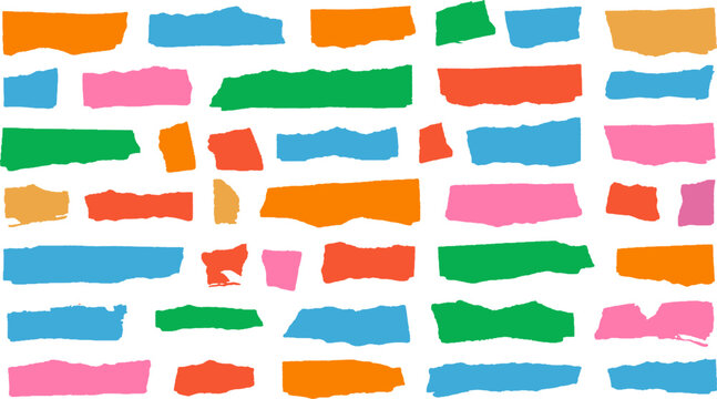 Colorful torn paper banners, ripped sheets pieces background, scrapbook craft collage note elements, isolated blank ragged edge border vector illustration