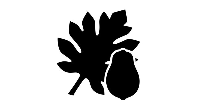 Bold black papaya fruit and tropical leaf silhouette vector icon, minimalist flat illustration with clean organic shapes for fresh produce labels, market packaging, healthy menu graphics, and exotic