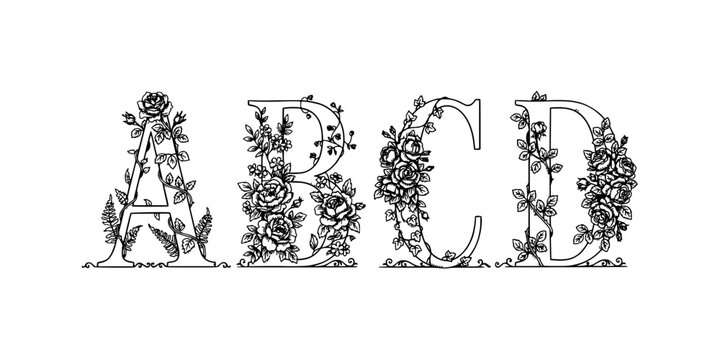 Letters Abcd Adorned with Floral Designs and Elegant Typography Featuring Decorative, Lettering, Vintage with Ornate and Artistic