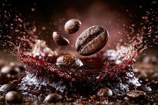 Coffee Beans Splash in Liquid Coffee Macro &ndash; AI Generative
