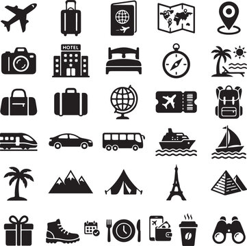 Travel and tourism icons set. Vector illustration of vacation, holiday, transport, and destination silhouette symbols isolated on a white background.