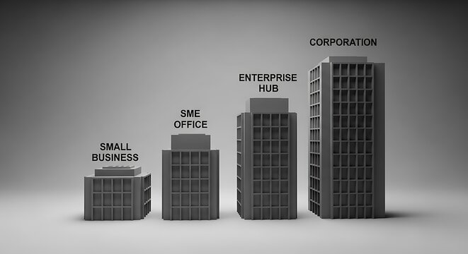 Grayscale 3D buildings ascending in size, labeled Small Business, SME Office, Enterprise Hub, Corporation