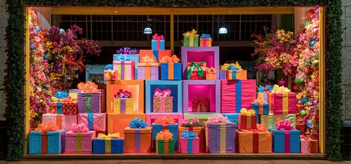 Fototapeta premium Colorful gifts and festive decor create a lively scene celebrating a popular holiday shopping event.