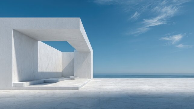 White Minimalist Concrete Architectural Structure by the Sea with Blue Sky