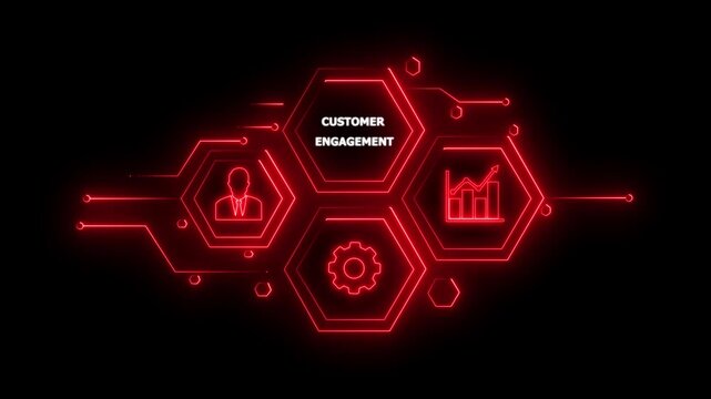 Abstract neon Hud knowledge ability business gear icon Glowing neon line concept. Glowing " CUSTOMER ENGAGEMENT" button in German on a futuristic,abstract wave technology on black background.4k video.