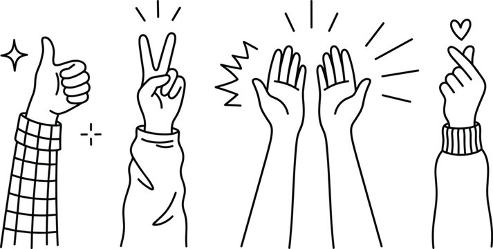 Hand gesture doodle icon set with thumbs up peace sign clapping hands and finger heart