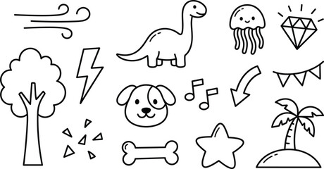 Cute doodle icon set with dinosaur dog tree star diamond jellyfish and nature elements vector © Mstlily
