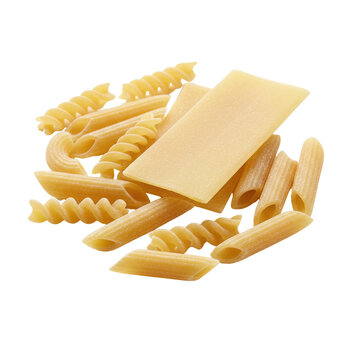 Assortment of dry pasta shapes including penne, fusilli, and paccheri.