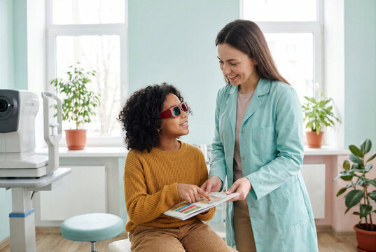 Afro American girl wearing red green glasses while reviewing color vision book with doctor. Pediatric optometry color test in clinic.