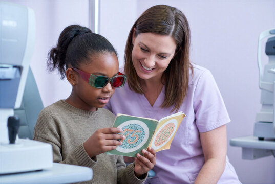 Afro American child reading Ishihara color plates with doctor. Pediatric color vision assessment using stereo glasses and test booklet.