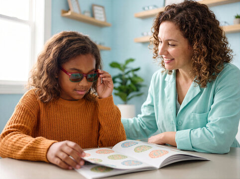 Afro American girl trying red green glasses during color vision test. Doctor supports pediatric optometry assessment with Ishihara book.