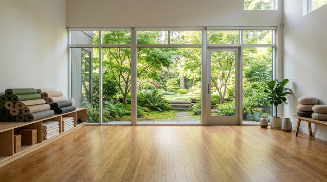 Yoga Room with Lush Japanese Garden View
