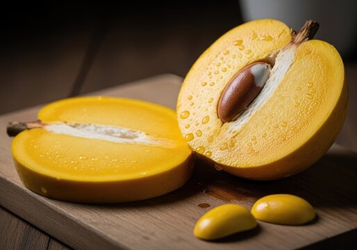 Halved yellow eggfruit showing seed on wooden board.