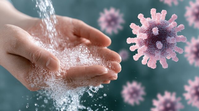 Concept of soapy handwashing protecting skin from bacteria and germs.