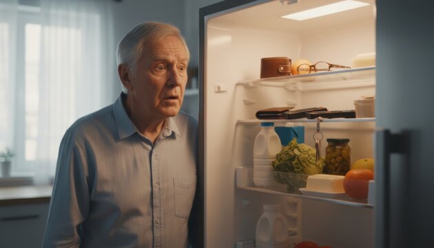 Senior man looking into open refrigerator in kitchen. Confused elderly male checking empty fridge shelf searching for forgotten food item. Concept of memory loss or daily routine.