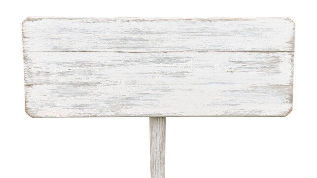 Weathered white wooden signpost with distressed paint, isolated on transparent background