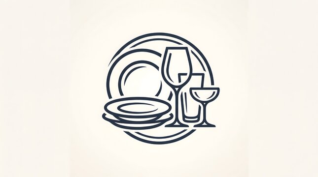 A minimalist line art illustration featuring an assortment of tableware, including stacked plates, a wine glass, a water glass, and a cocktail coupe glass.