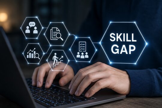 Business person typing on laptop with skill gap concept hologram interface