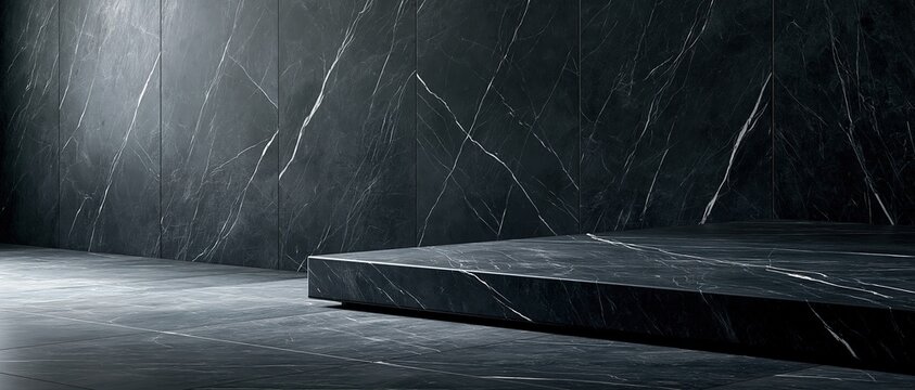 Dramatic black Nero Marquina marble platform against veined stone wall panels. Perfect for luxury brand campaigns, highend product mockups, and editorial design concepts.