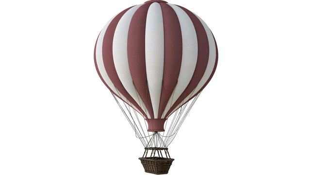 Striped hot air balloon with wicker basket, isolated on transparent background