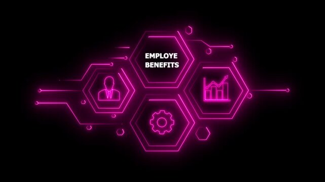 Abstract neon Hud knowledge ability business gear icon Glowing neon line concept. Glowing " EMPLOYE BENEFITS" button in German on a futuristic, abstract wave technology on black background. 4K video.