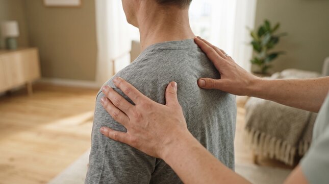 Hands of therapist massaging man's shoulders at home for pain relief and wellness.
