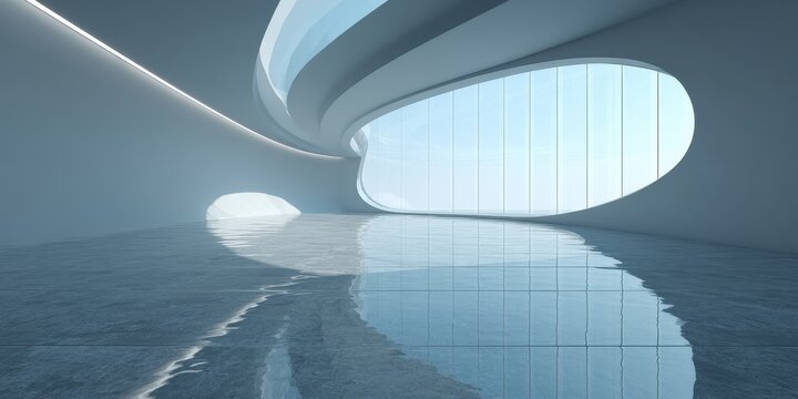 Modern Minimalist Interior with Wavy Glass Wall and Reflective Floor