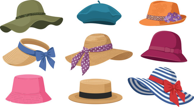 Trendy women summer hats vector collection featuring elegant straw beach hats beret bucket hat and sun visors isolated