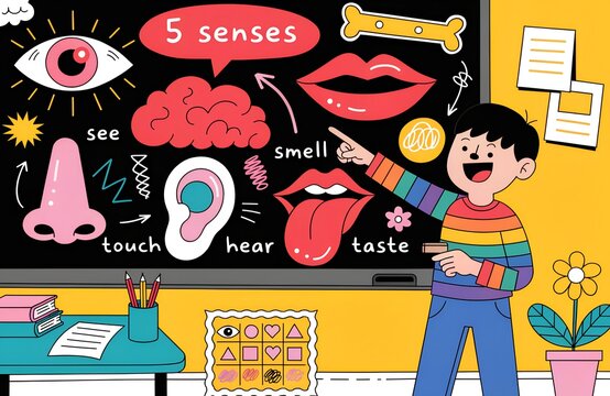 Colorful classroom illustration featuring blackboard drawings of five senses with child pointing and brain symbol for children&rsquo;s sensory education and teaching generated ai