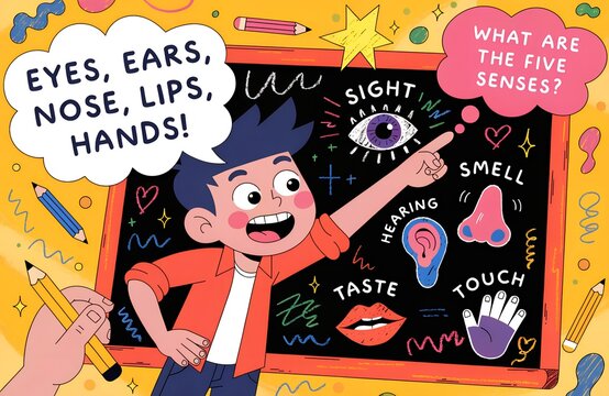Colorful classroom illustration featuring chalkboard drawings of five senses with child pointing and speech bubbles for children&rsquo;s sensory learning and teaching generated ai