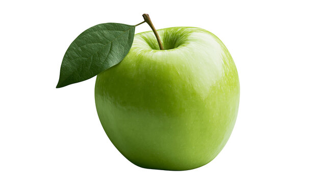 Shiny green apple with a single leaf and stem, isolated on transparent background