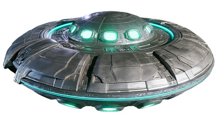 Detailed metallic flying saucer with glowing green lights, isolated on transparent background © Dan