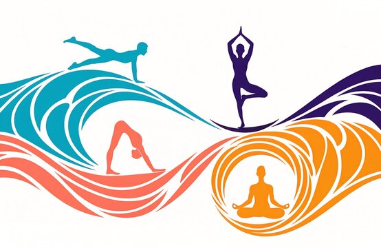 Abstract yoga illustration featuring human figures in poses integrated with colorful wave designs, representing harmony, mindfulness, balance, and lifestyle wellness generated ai