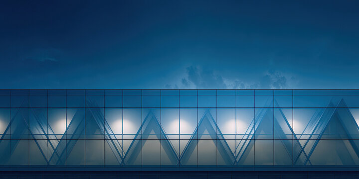 Modern Glass Skywalk with Triangular Design Against Blue Sky
