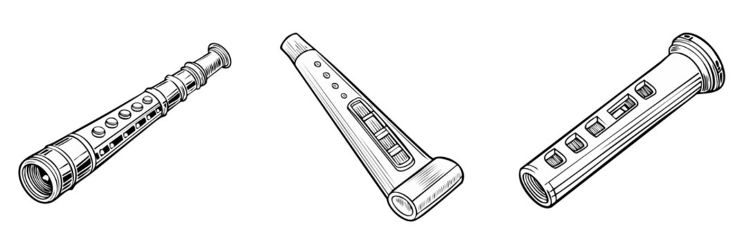 Set of three woodwind instruments with buttons and holes, black and white sketch